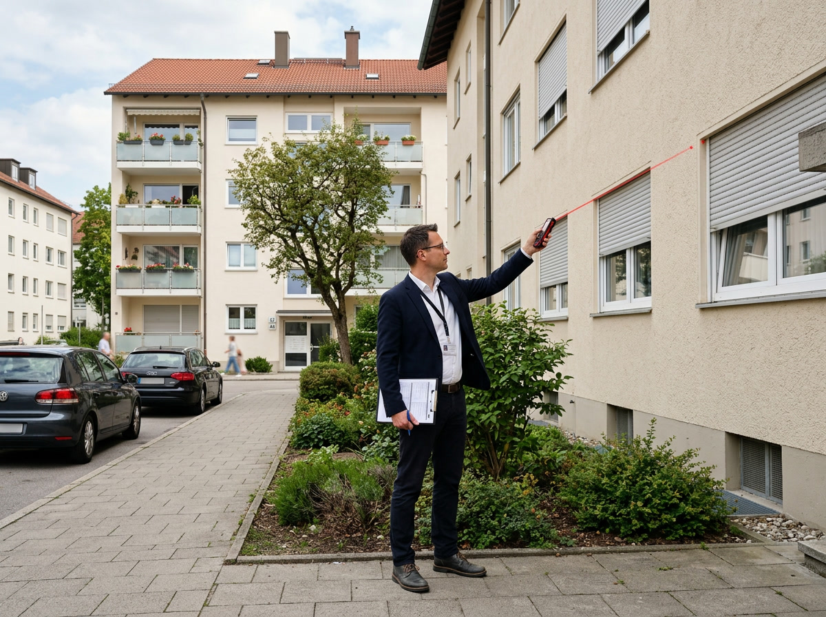 Sachverstaendiger beim Aufmass der Fassade eines Wohngebaeudes in Mosbach