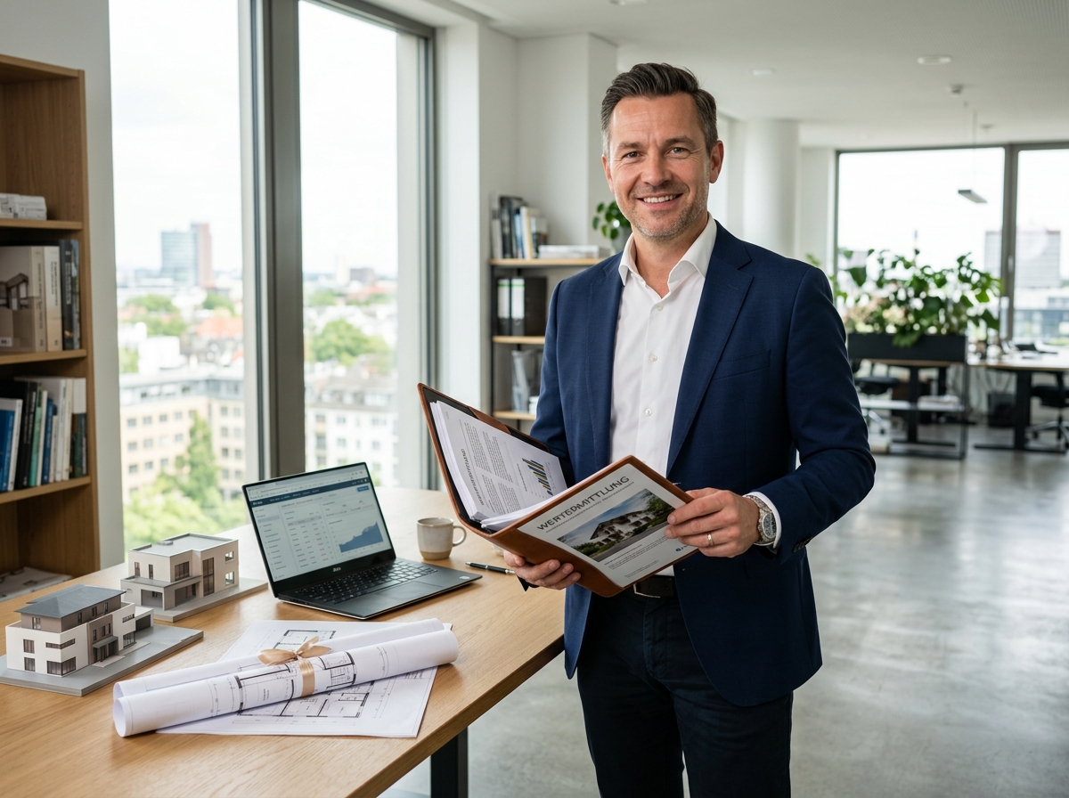 Immobiliengutachter Raphael Graf mit Wertermittlungsunterlagen im Büro in Mosbach